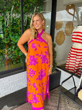 Load image into Gallery viewer, Delaney Floral Halter Neck Linen Midi Dress- Orange
