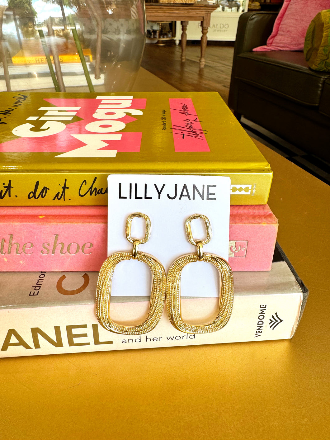 Gold Textured Rectangle Dangle Earrings