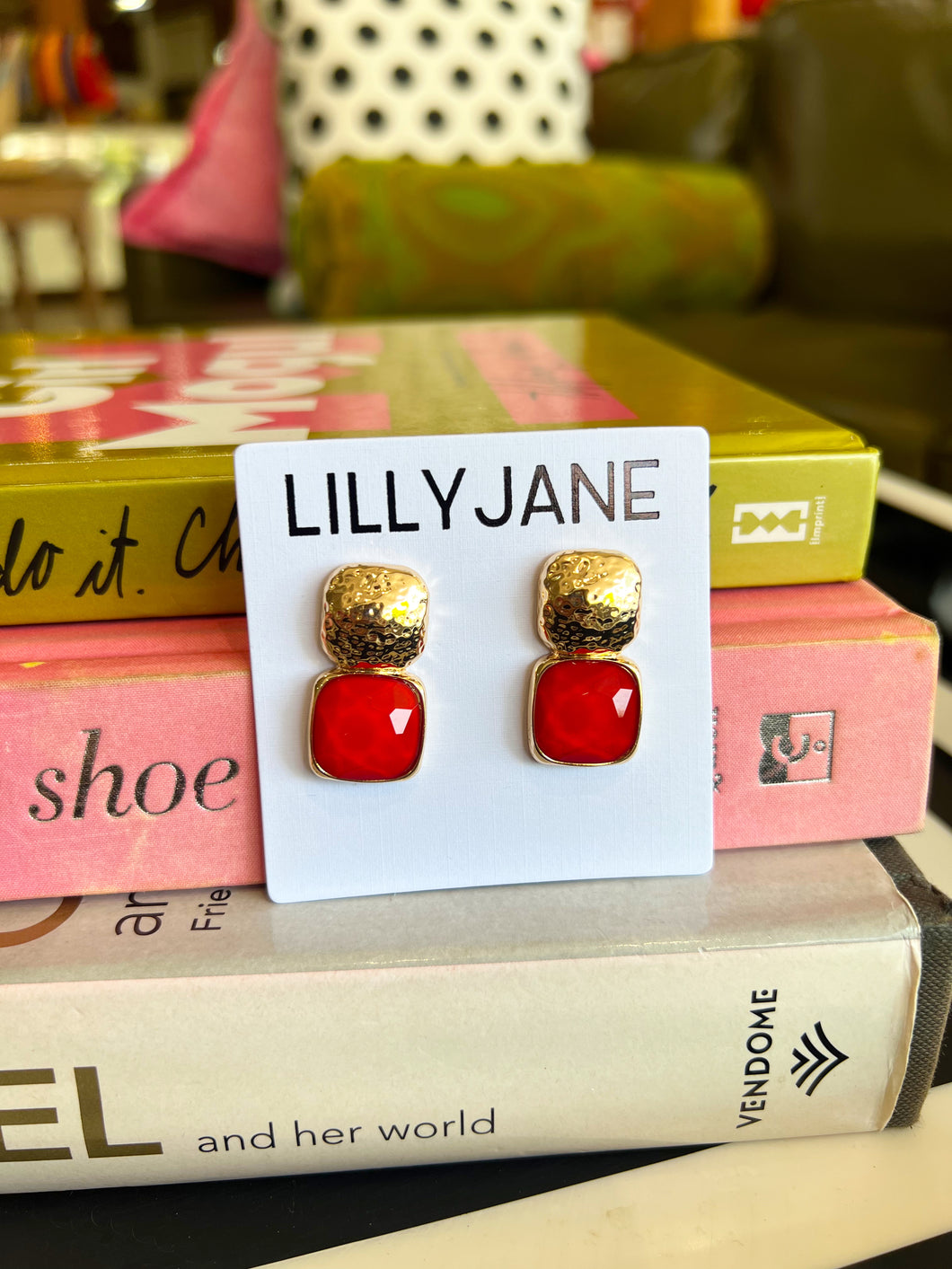 Gold Square Studded Stone Earrings- Red
