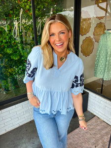 Ansleigh Eyelet V-Neck Babydoll Top- Light Blue