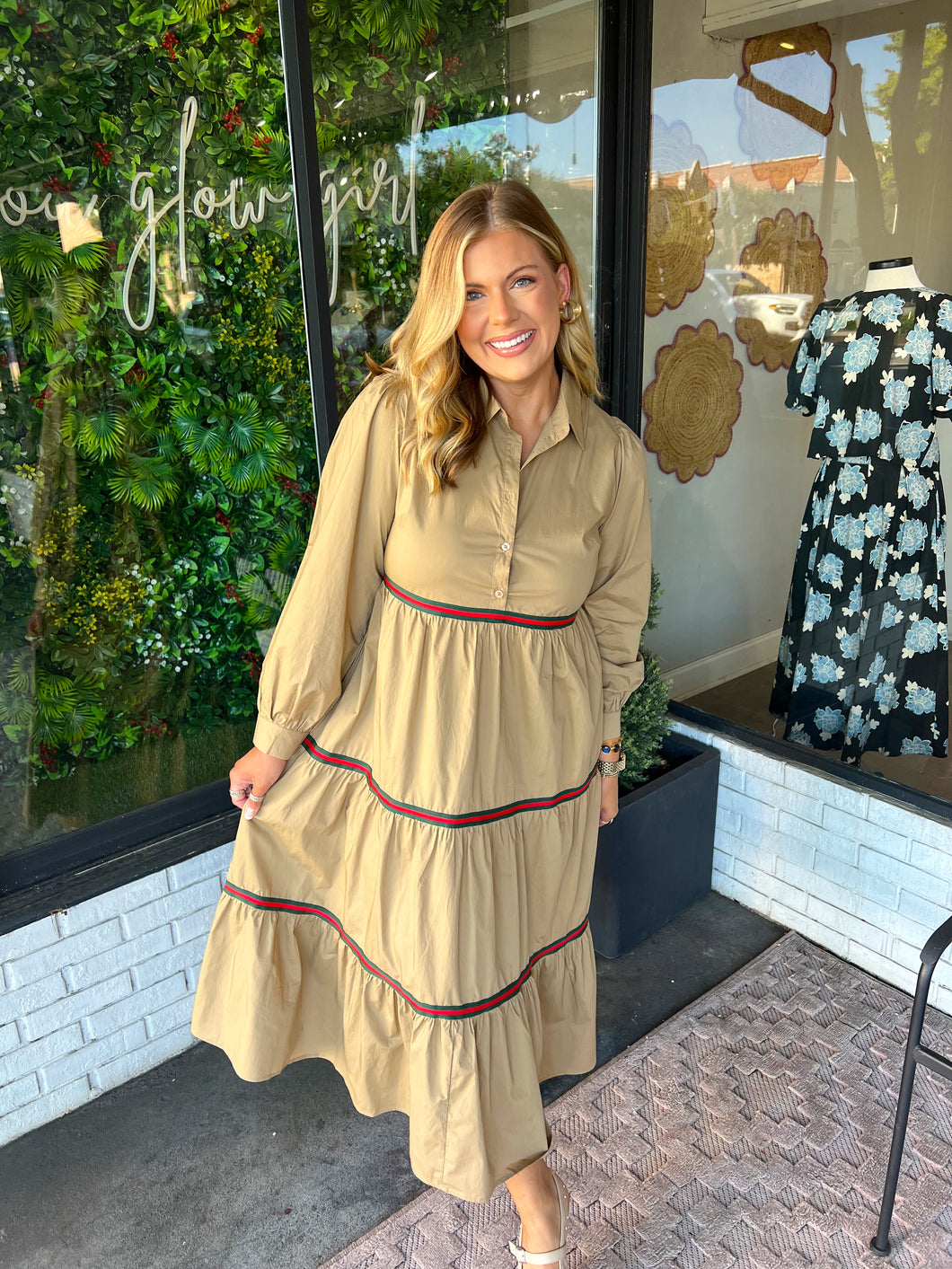Lindel Tiered Stripe Midi Dress - Taupe