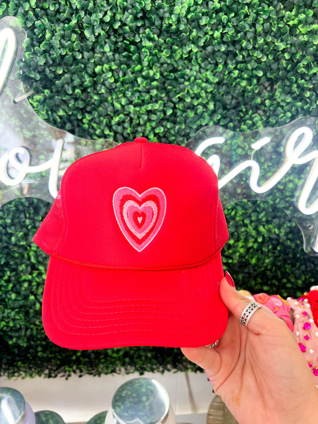 Embroidered Heart Burst Trucker Hat- Red