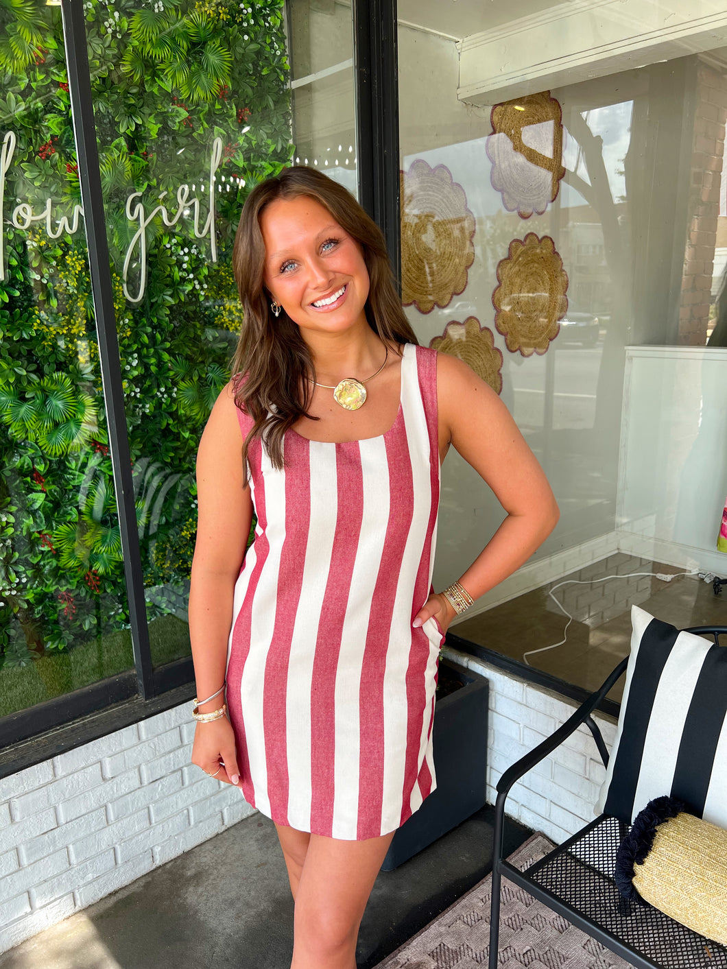 Payton Striped Scoop Neck Mini Dress-Red