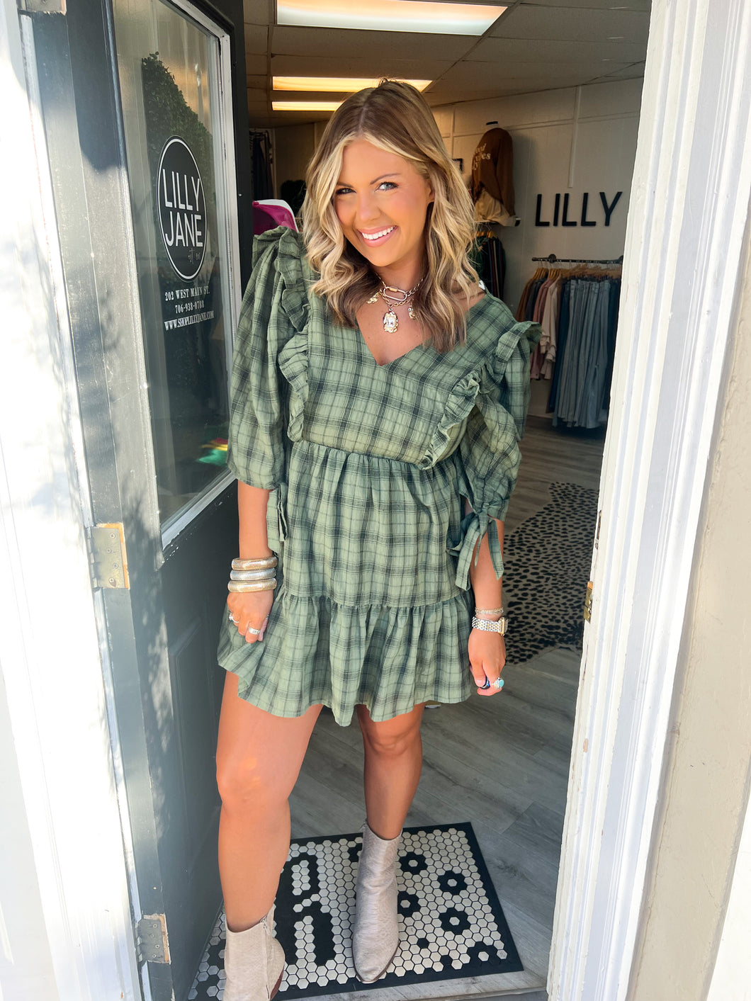 Greer Plaid Ruffle Tiered Mini Dress- Olive/Black – Lilly Jane