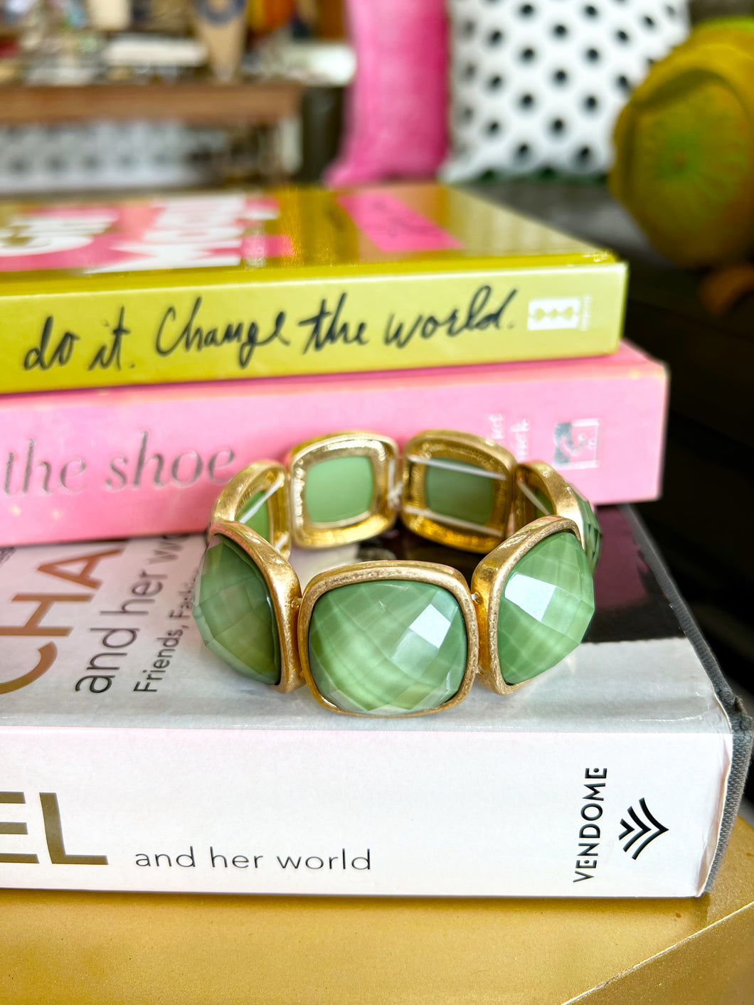 Square Stone Statement Bracelet- Olive Green