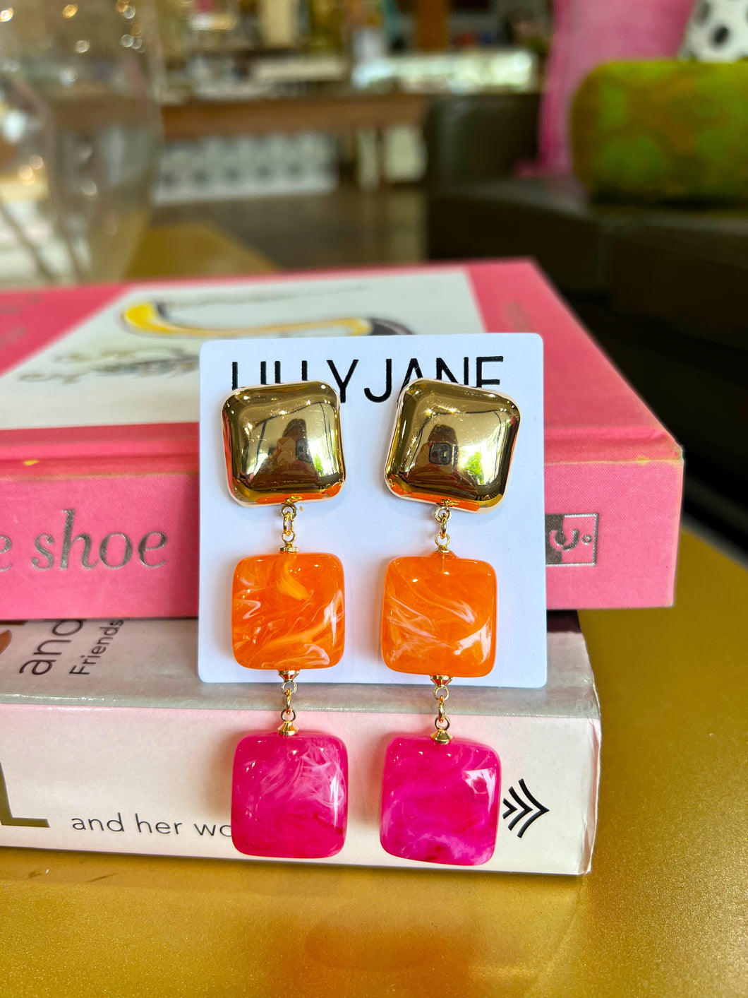 Color Block Square Dangle Earrings-Pink/Orange
