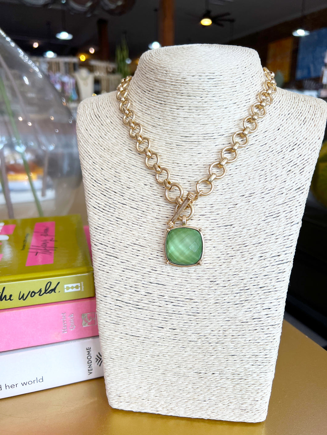 Gold Color Stone Accent Necklace-Olive Green