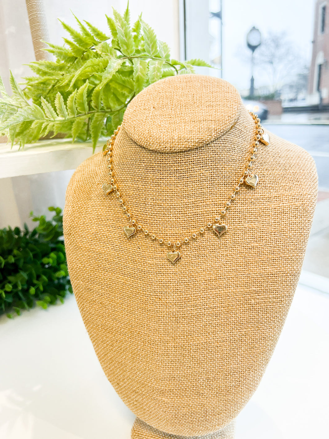 Gold Ball Chain & Heart Dangle Necklace
