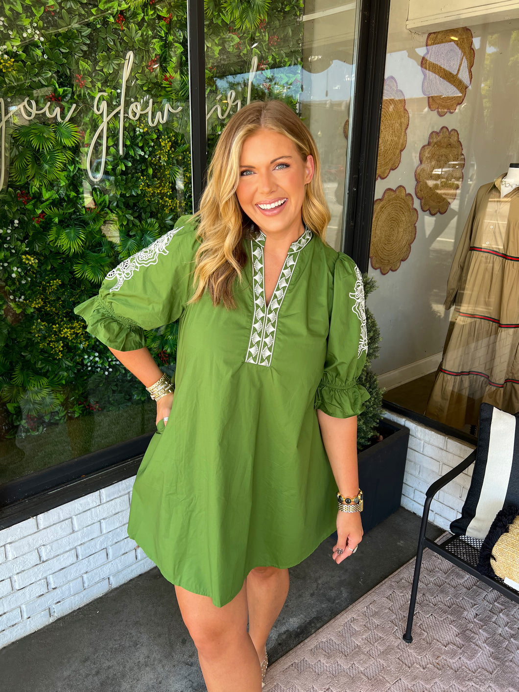 Drew Floral Banded V-Neck Mini Dress- Green