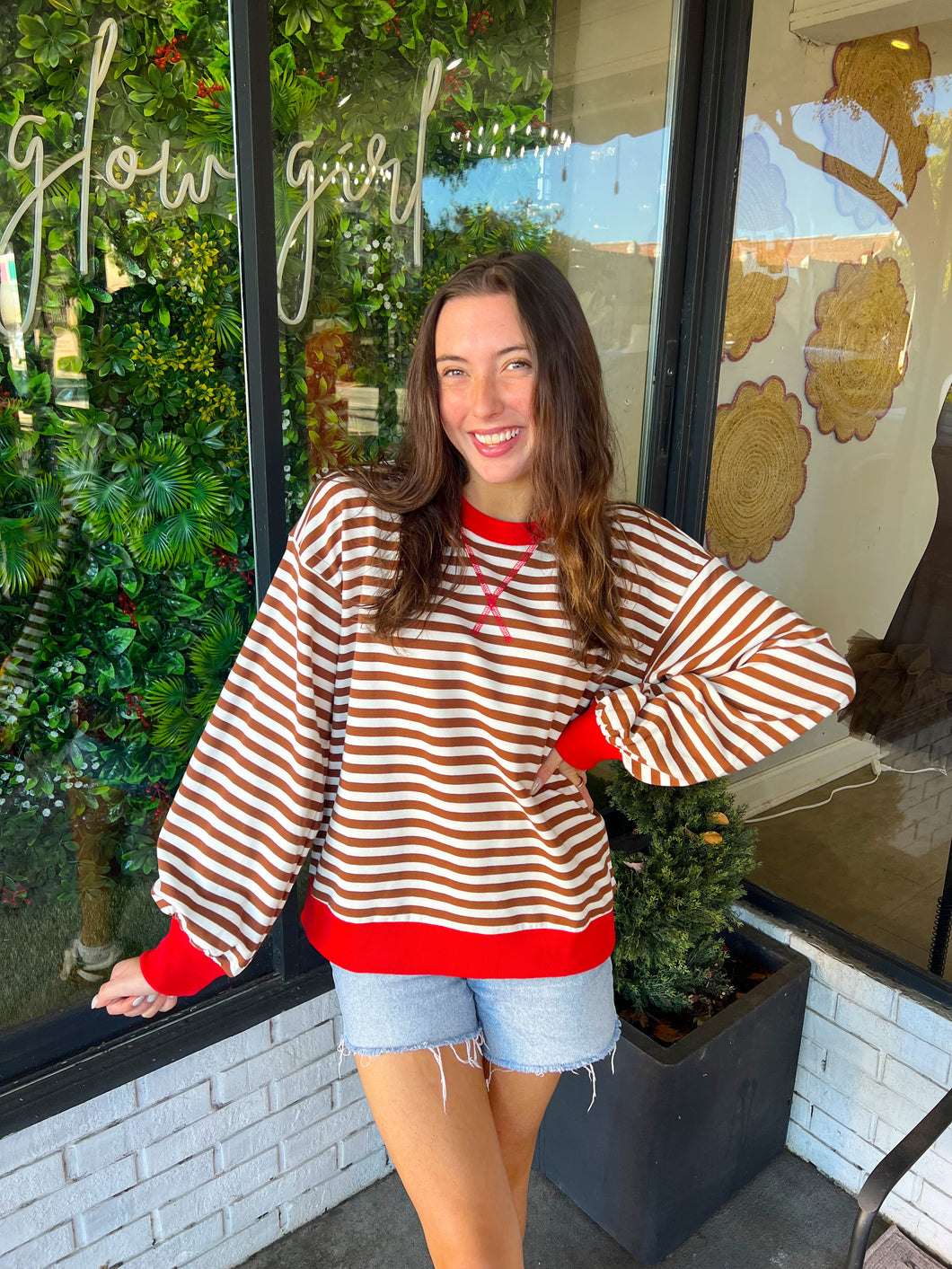 Evelyn Striped Long Sleeve Sweatshirt - Brown/Red
