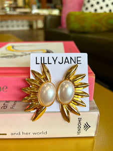 Gold Half Flower Pearl Earrings