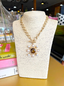 Gold Pearl Studded Circle Pendant Necklace- Brown