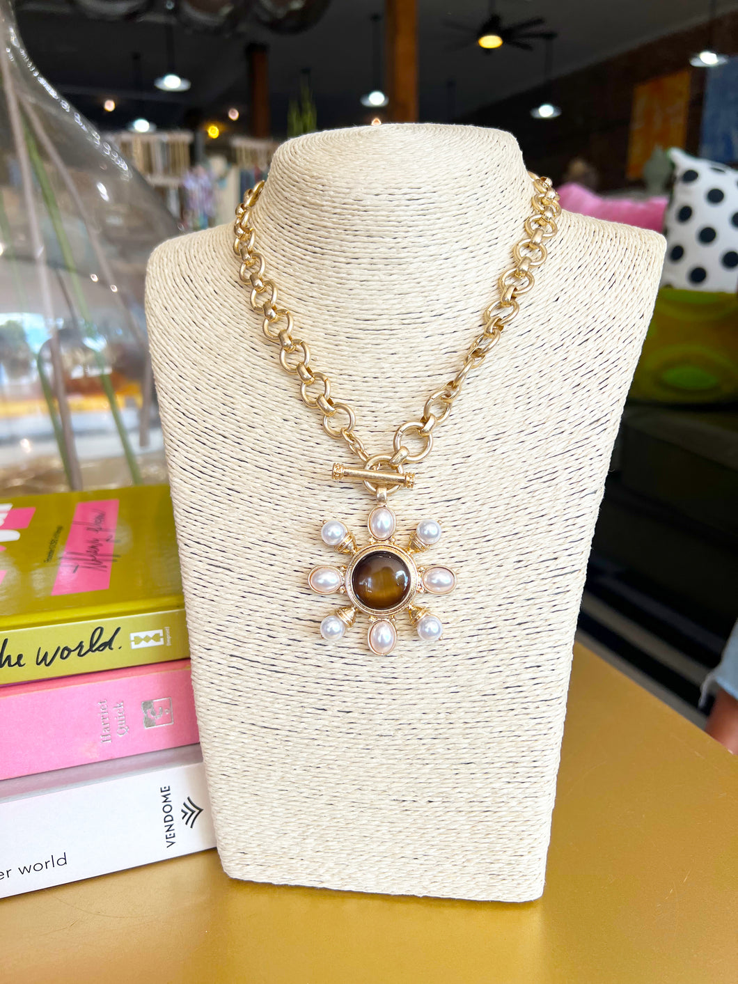 Gold Pearl Studded Circle Pendant Necklace- Brown