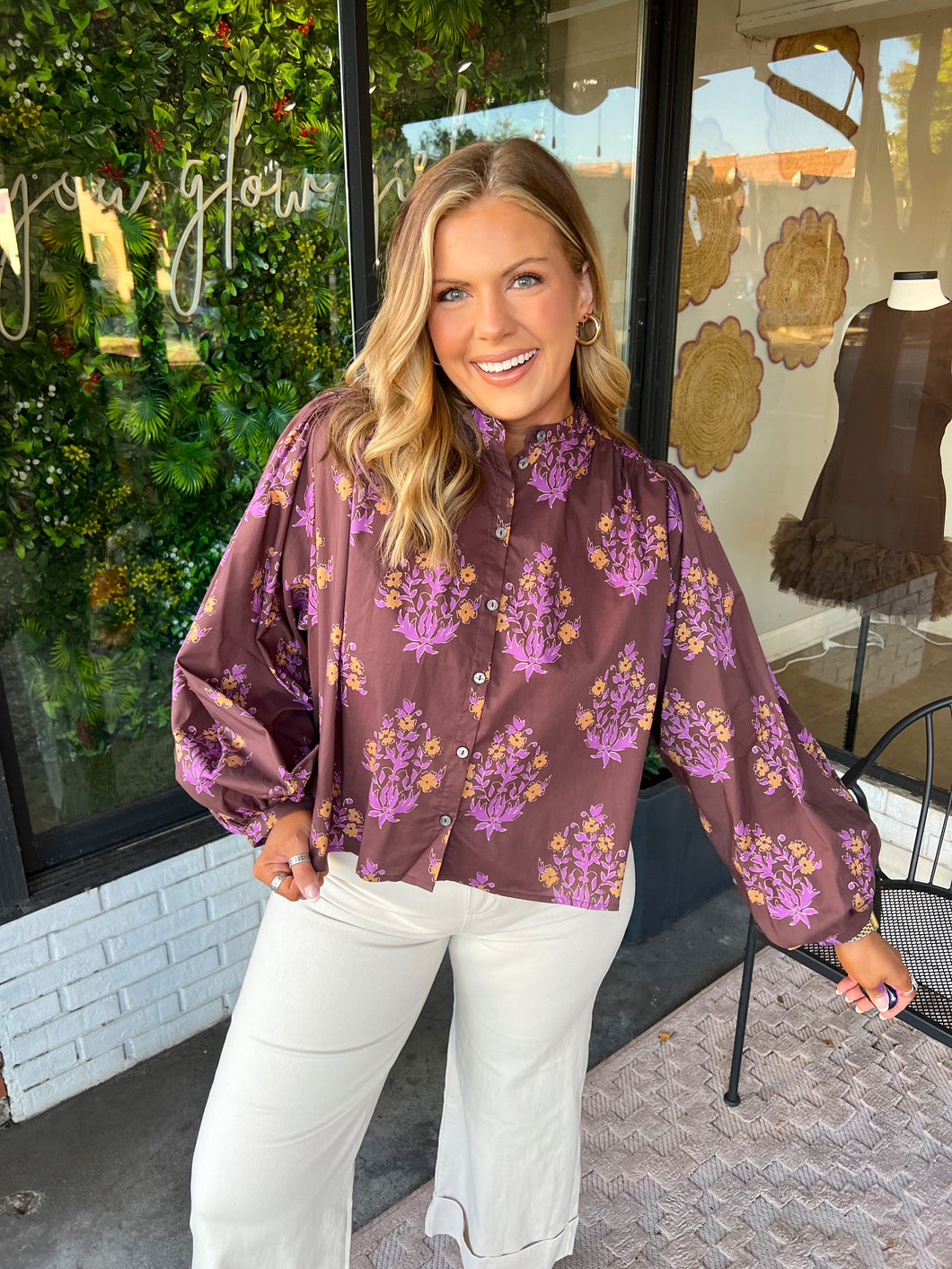 Natalia Botanical Floral Button Up Top- Burgundy