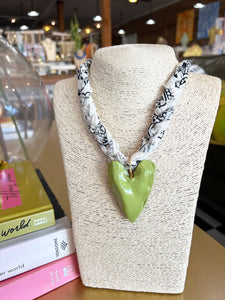 Chunky White Bandana Heart Necklace -Light Green