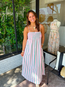Serena Pleated Flowy Maxi Dress- Pink/Green