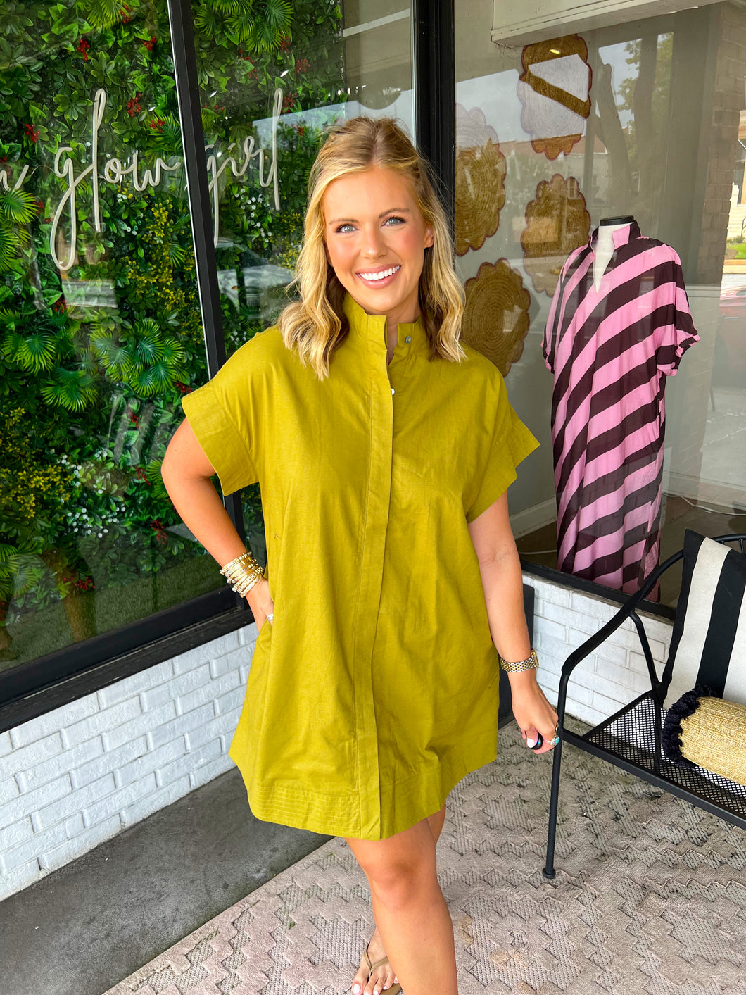 Anniston Placket Button Mini Dress- Chartreuse