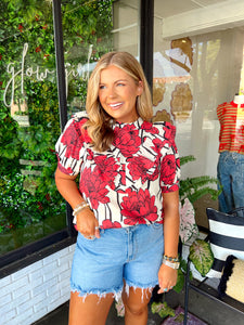 Gracelyn Floral Mock Neck Ruffle Top - Red