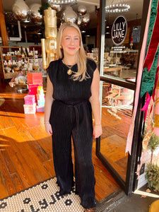 Elyssa Metallic Pleated Jumpsuit - Black