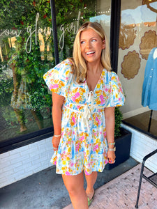 Erica Floral Tiered Mini Dress- Blue Multi