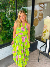 Load image into Gallery viewer, Marlie Floral Eyelet Tiered Floral Midi Dress- Chartreuse
