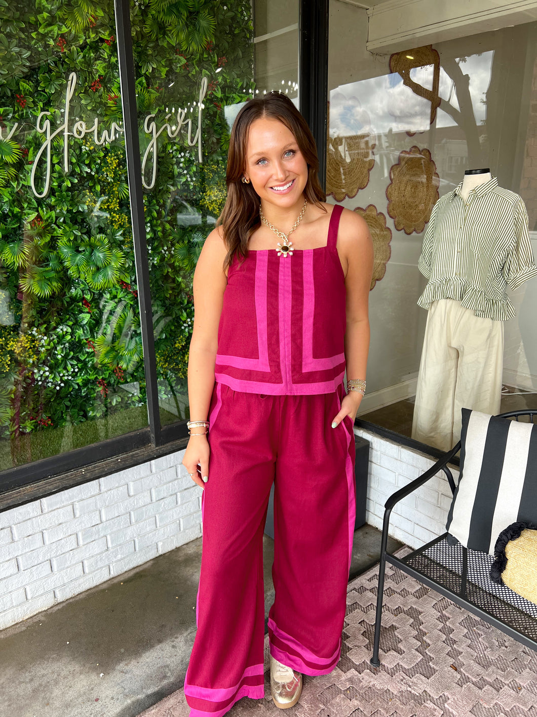 Ramsey Color Block Stripe Pant Set- Burgundy/Pink