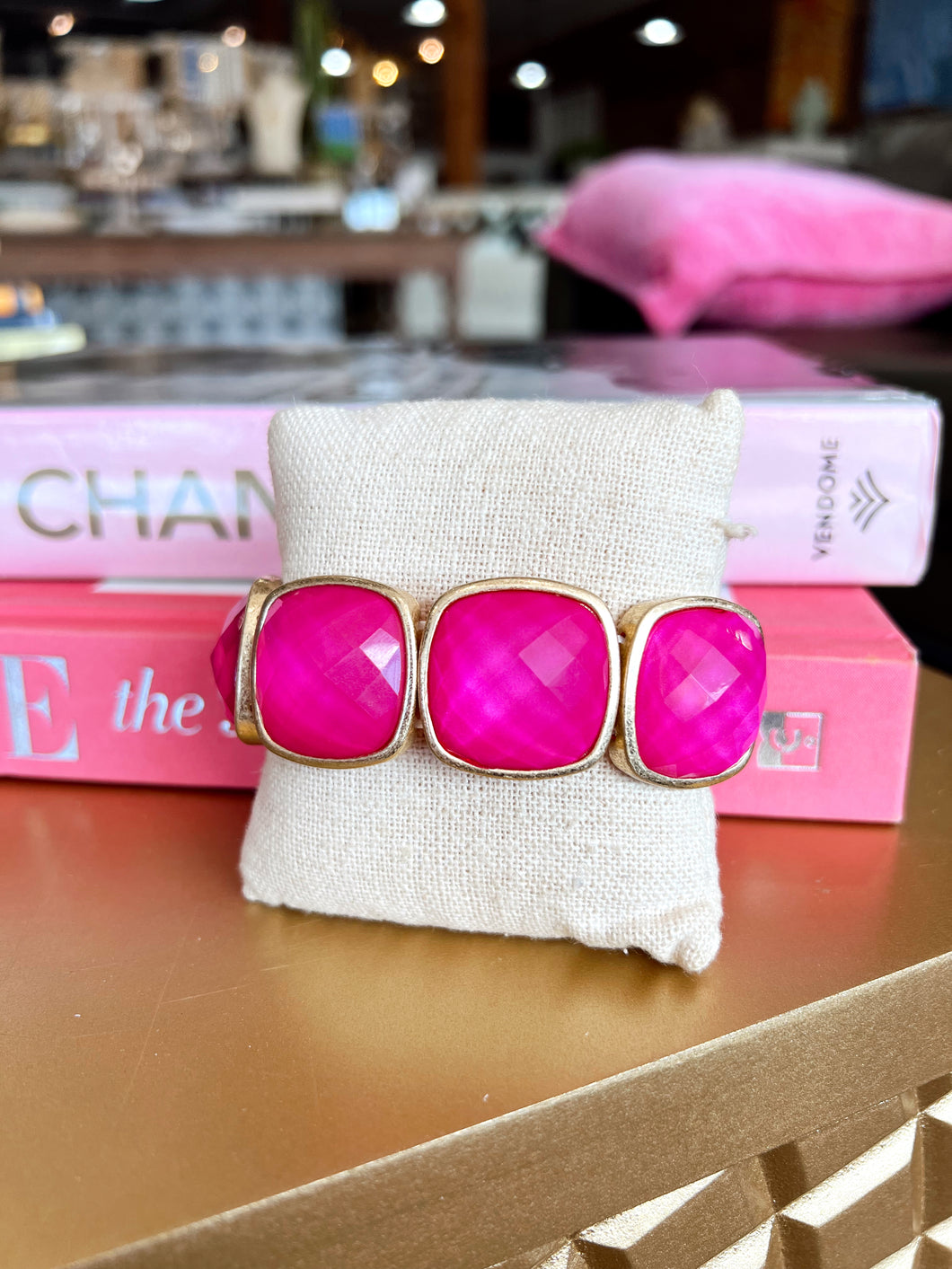 Square Stone Statement Bracelet- Fuchsia