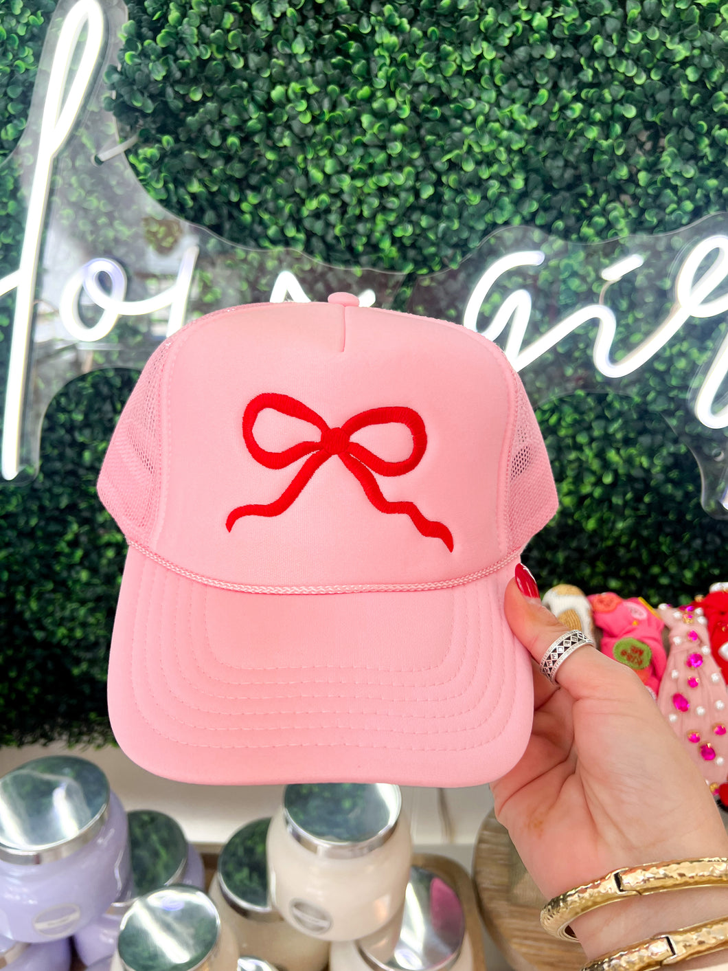 Embroidered Bow Trucker Hat- Light Pink