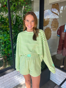 Elliston Stripe Long sleeve Short Set- Green/Cream