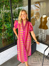 Load image into Gallery viewer, Timber Geometric Printed Midi Dress- Chartreuse/Magenta
