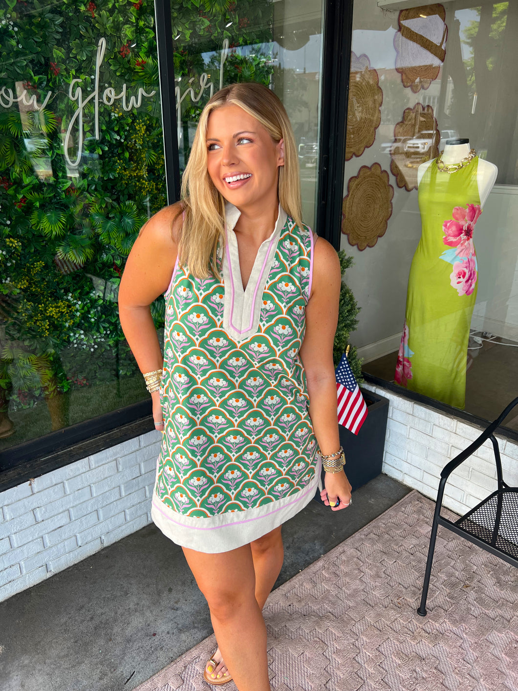 Charli Floral Motif Print Mini Dress- Green