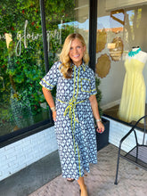 Load image into Gallery viewer, Casey Palm Printed Button Up Midi Dress- Navy/Lime
