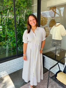 Bridget Striped Button Up Maxi Dress- Taupe/Navy