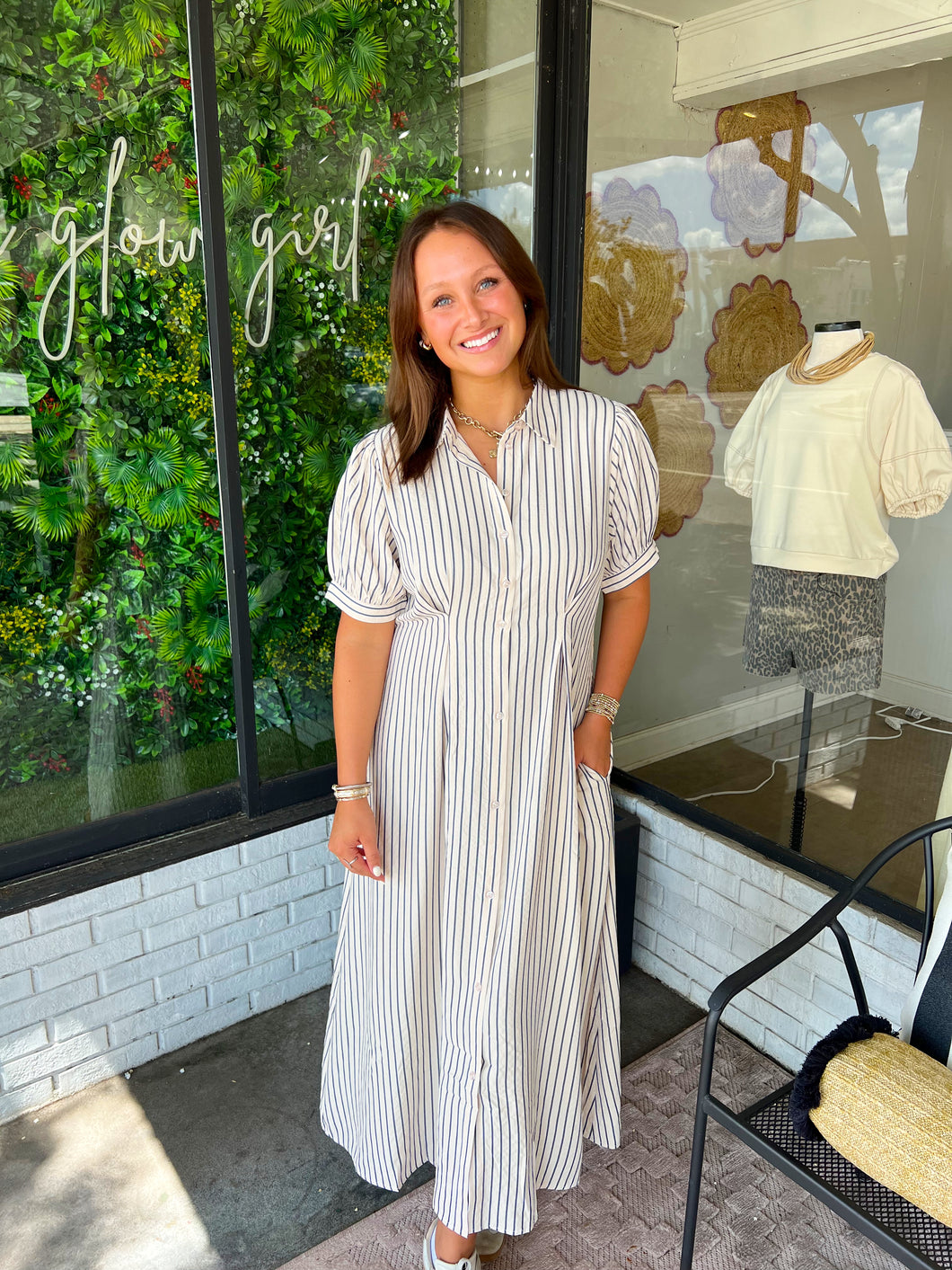 Bridget Striped Button Up Maxi Dress- Taupe/Navy