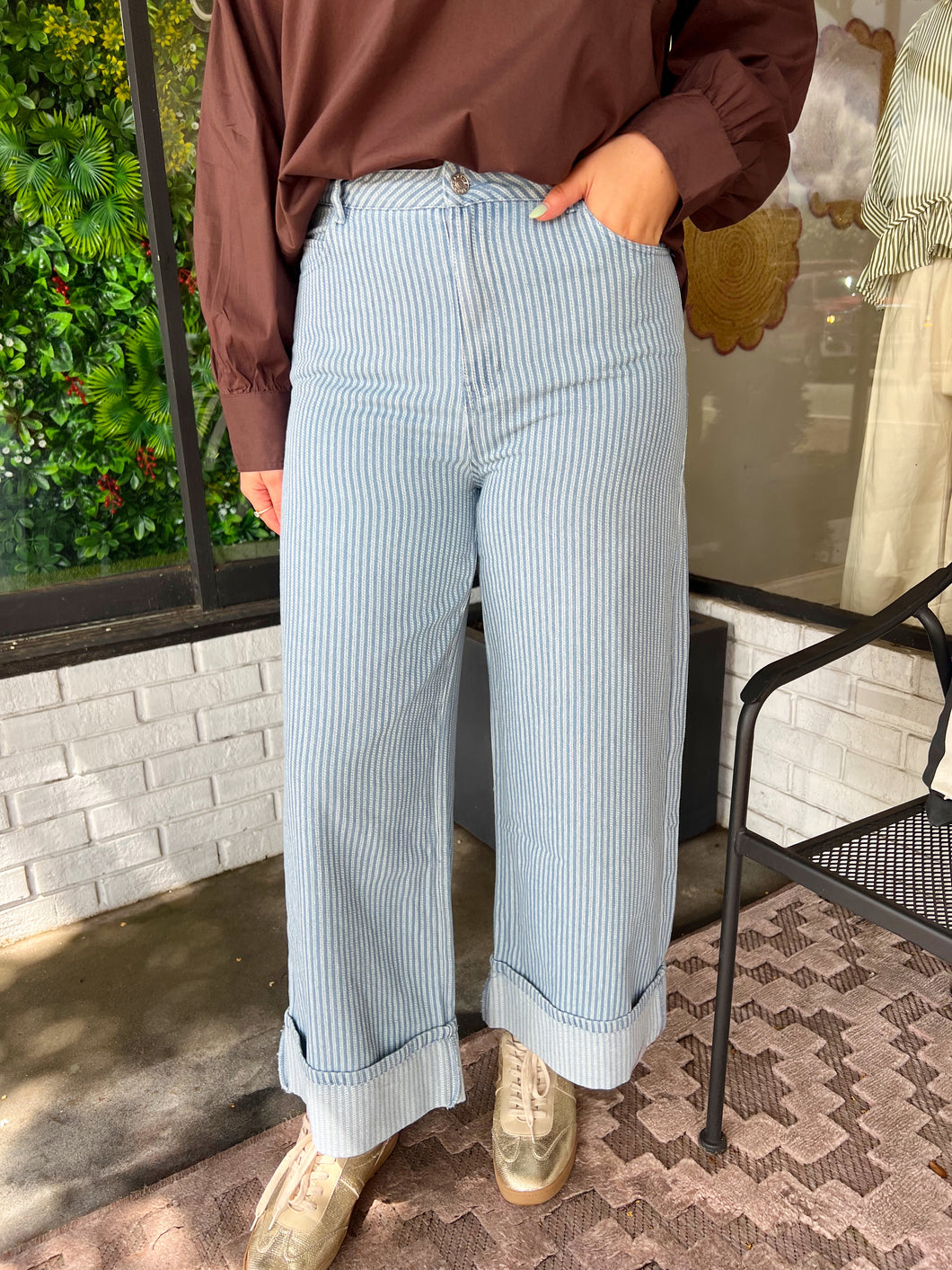 Casey Striped Wide Leg Cuff Pants - Light Blue