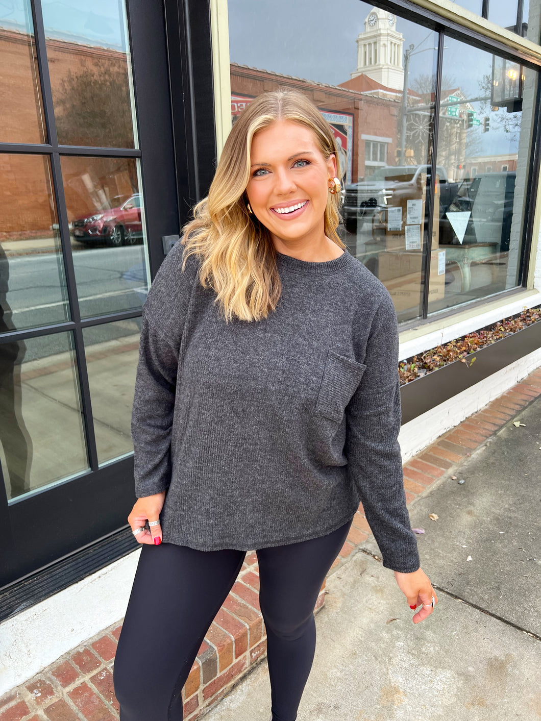 Ribbed Long Sleeve Pocket Sweater - Black