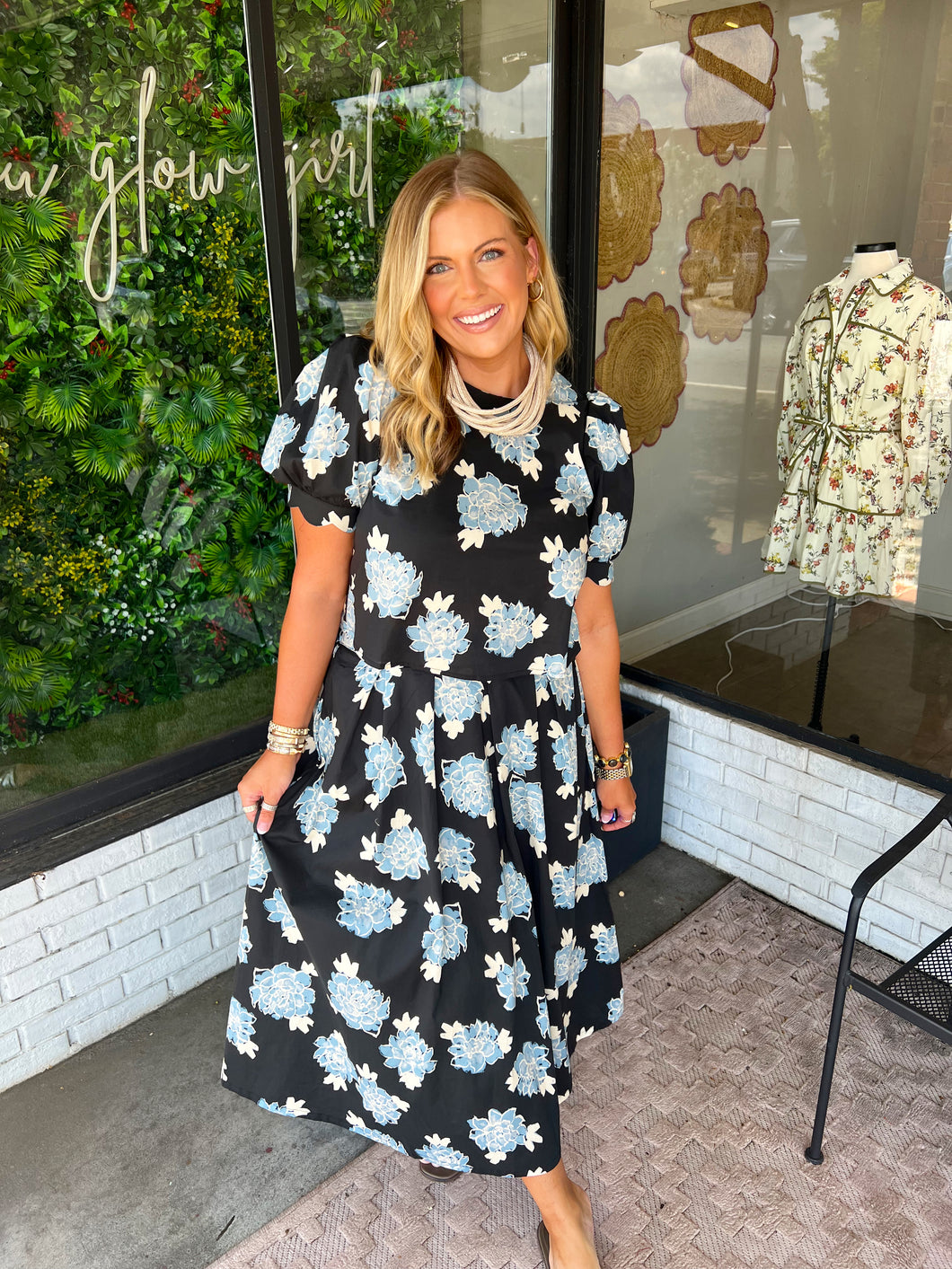 Gentry Floral Printed Midi Skirt Set- Black/Blue
