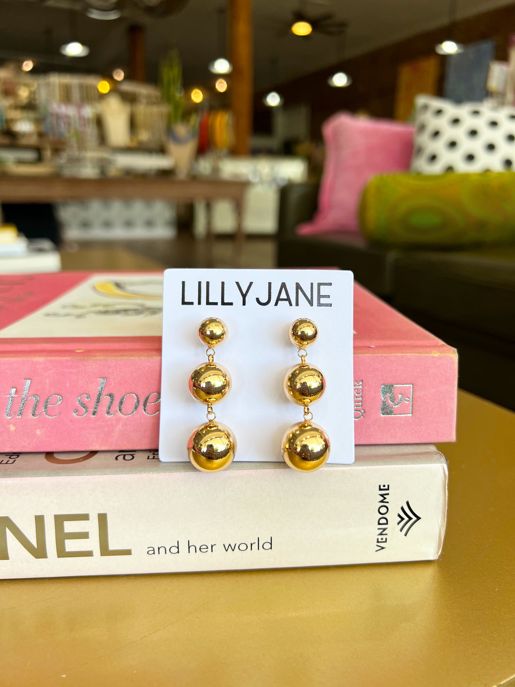 Gold Linear Ball Dangle Earrings
