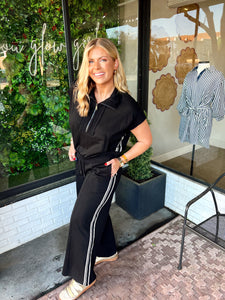 Kristie Cap Sleeve Striped Wide Leg Pant Set- Black