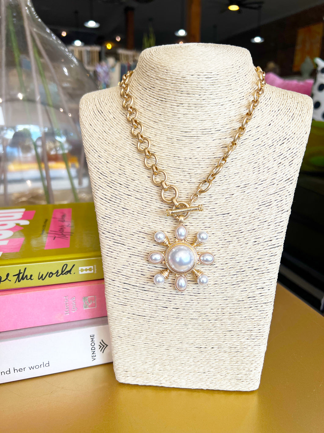 Gold Pearl Studded Circle Pendant Necklace- Cream