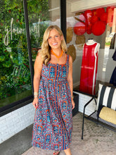 Load image into Gallery viewer, Francis Botanical Sleeveless Button Up Midi Dress- Orange/Navy
