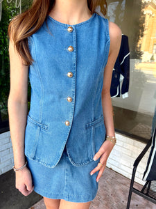 Kyle Denim Button Up Vest Skort Set- Denim