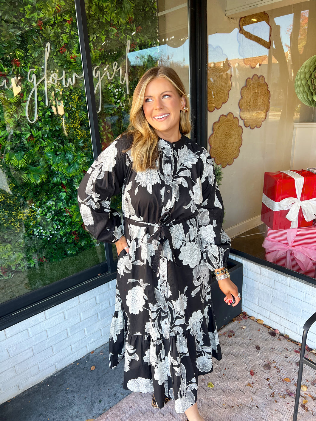 Hallie Floral Button Up Belted Midi Dress - Black