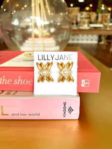 Gold Chunky Pearl CrissCross Studs