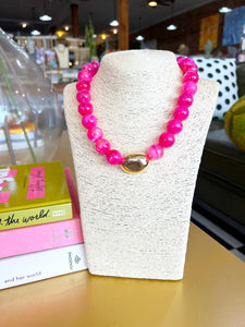 Chunky Beaded Ball Gold Accent Necklace - Fuchsia