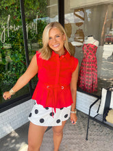 Load image into Gallery viewer, Cassie Button Up Peplum Sleeveless Top- Red
