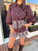 Load image into Gallery viewer, Meagan Floral Embroidered Button Up Short Set- Brown
