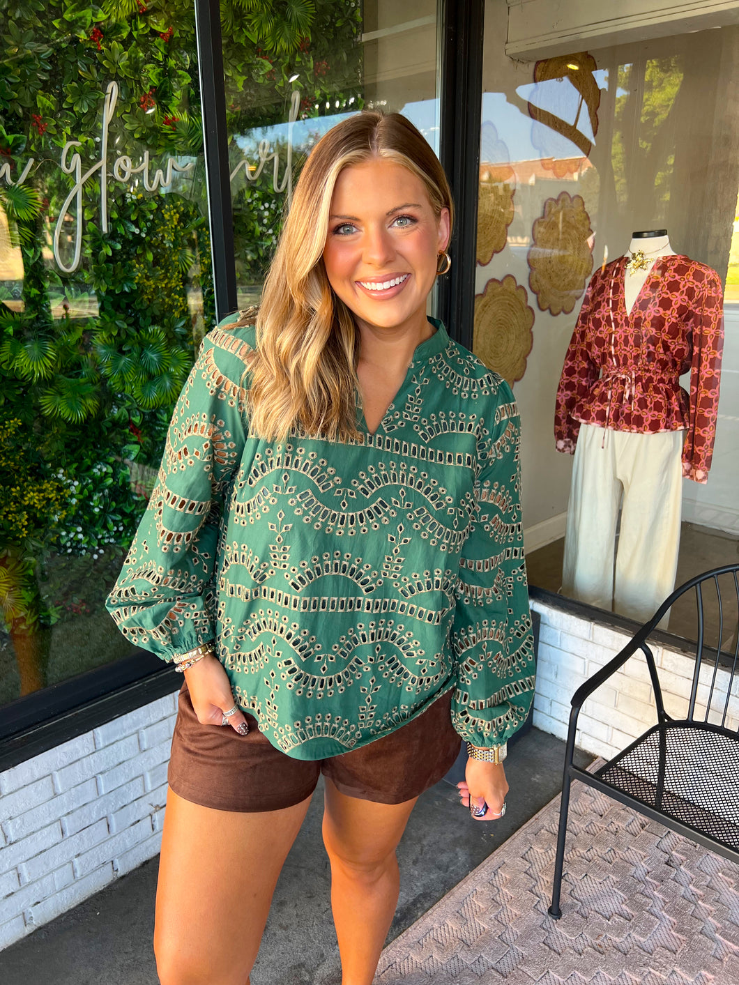 Madelyn Eyelet V-Neck Top - Hunter Green