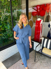 Load image into Gallery viewer, Ellie Stripe Wide Leg Pant Set- Navy/Light Blue
