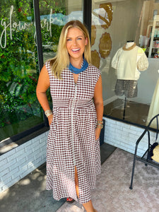 Birdie Gingham Zip Up Midi Dress- Brown